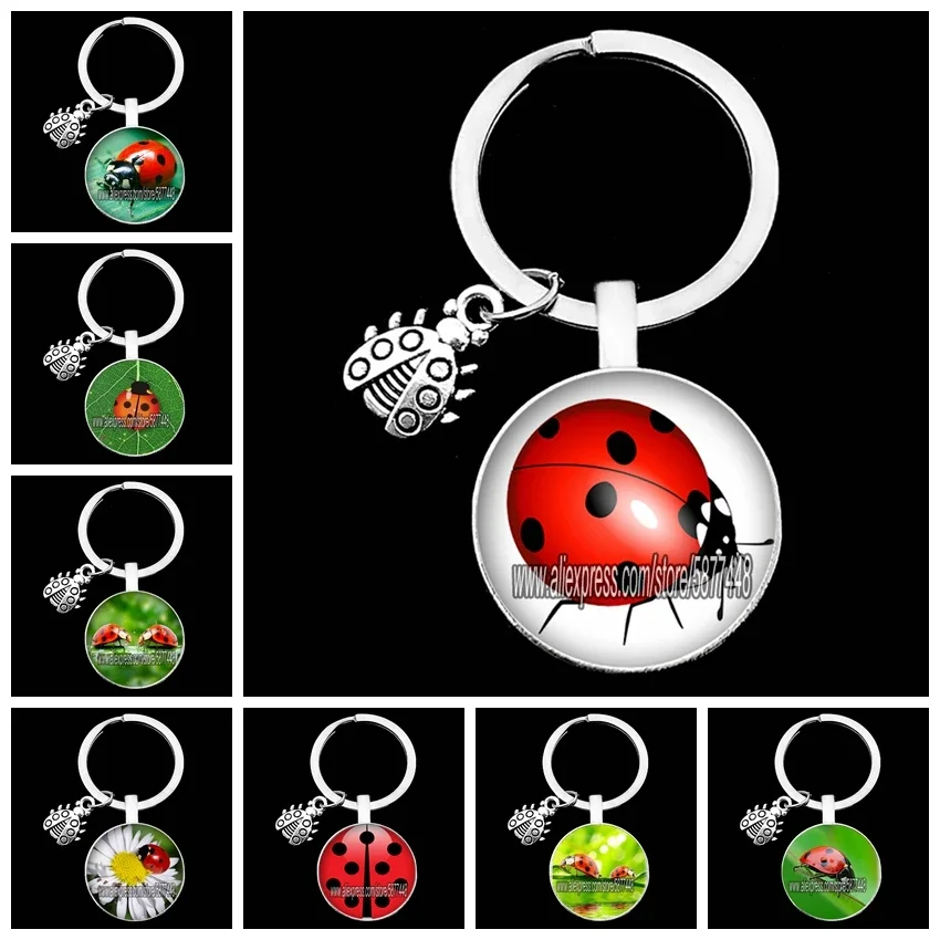 Cute Animal Ladybug Girl Glass Cabochon Keychain Lovely Insect on The Leaf Women Keychain Gift for Ladybug Lovers