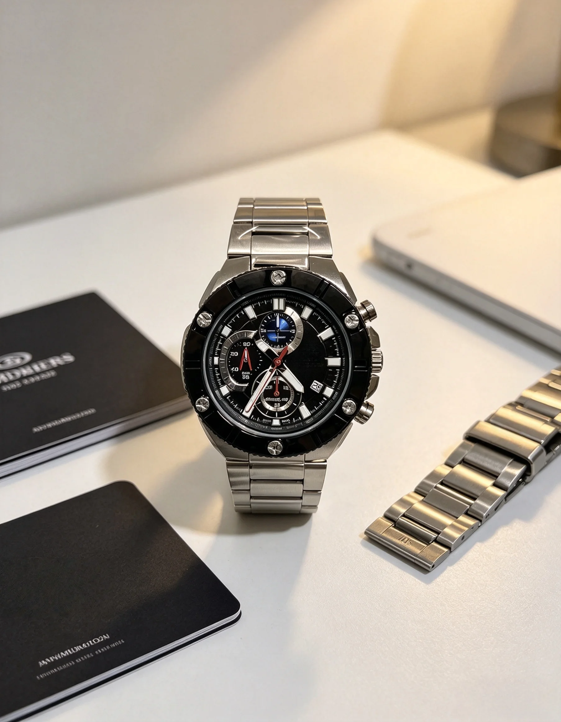 

Multifunctional chronograph men’s watch with a distinctive bezel design, steel bracelet and water resistance