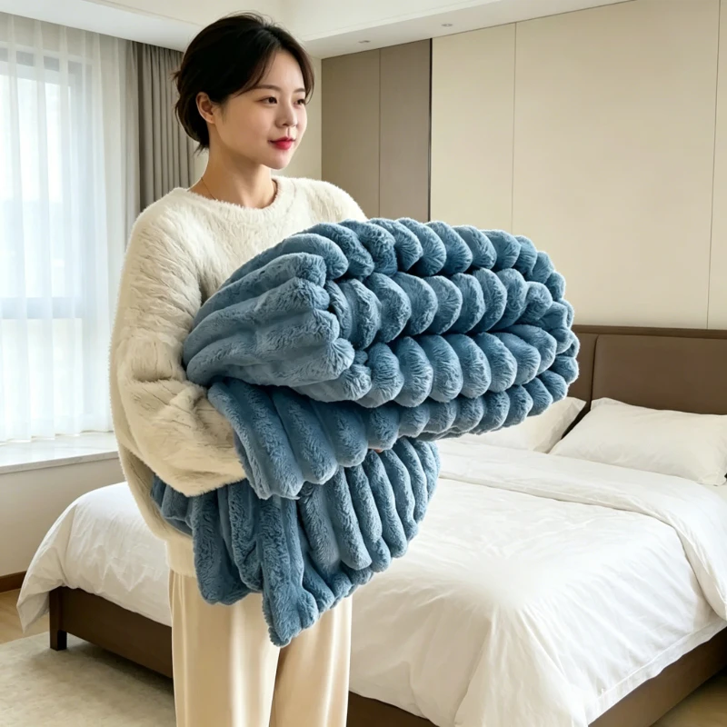 Multi Color Striped Faux Rabbit Fur Blanket Thick Warm Plush Throw Soft Cozy Cover For Bed Sofa Dorm Office Indoor Daily Decor