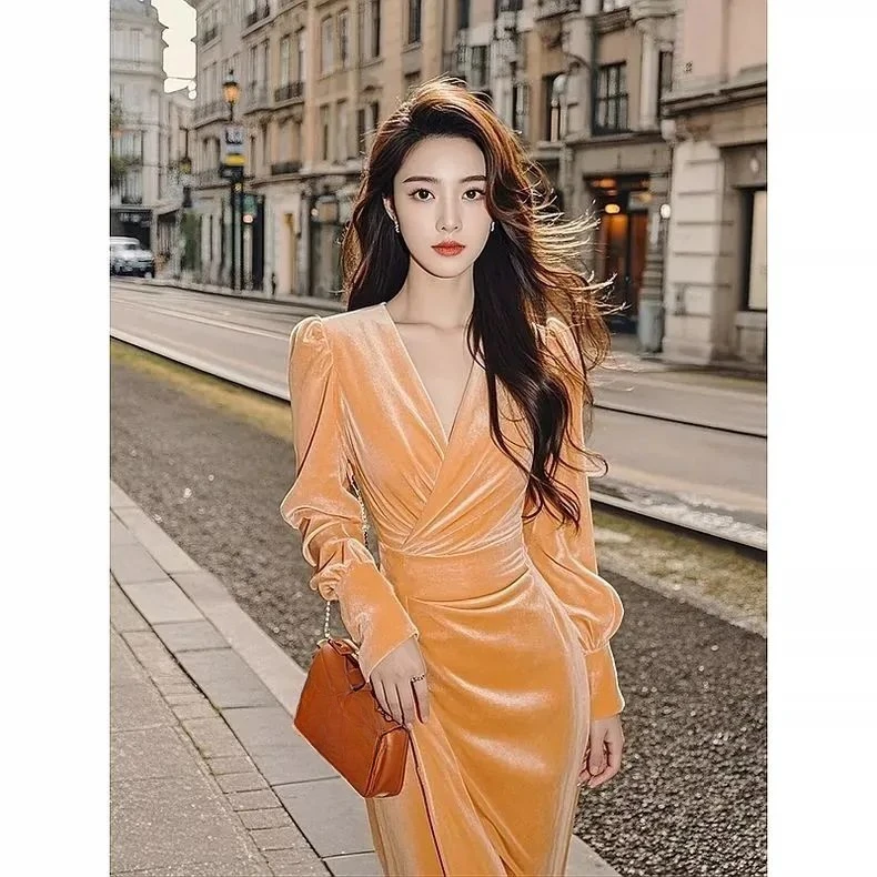 女性用ベルベットドレス,深いVネック,プリーツ,オレンジ,スリム,ロング,ベロア,衣類,春,秋