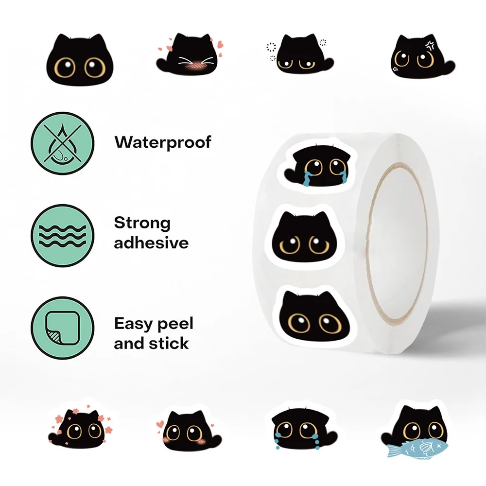 500pcs Funny Kawaii Black Cat Stickers Roll Cute Decals DIY Fridge Notebook Phone Laptop Bike Wall Stationery Sticker Kids Toys