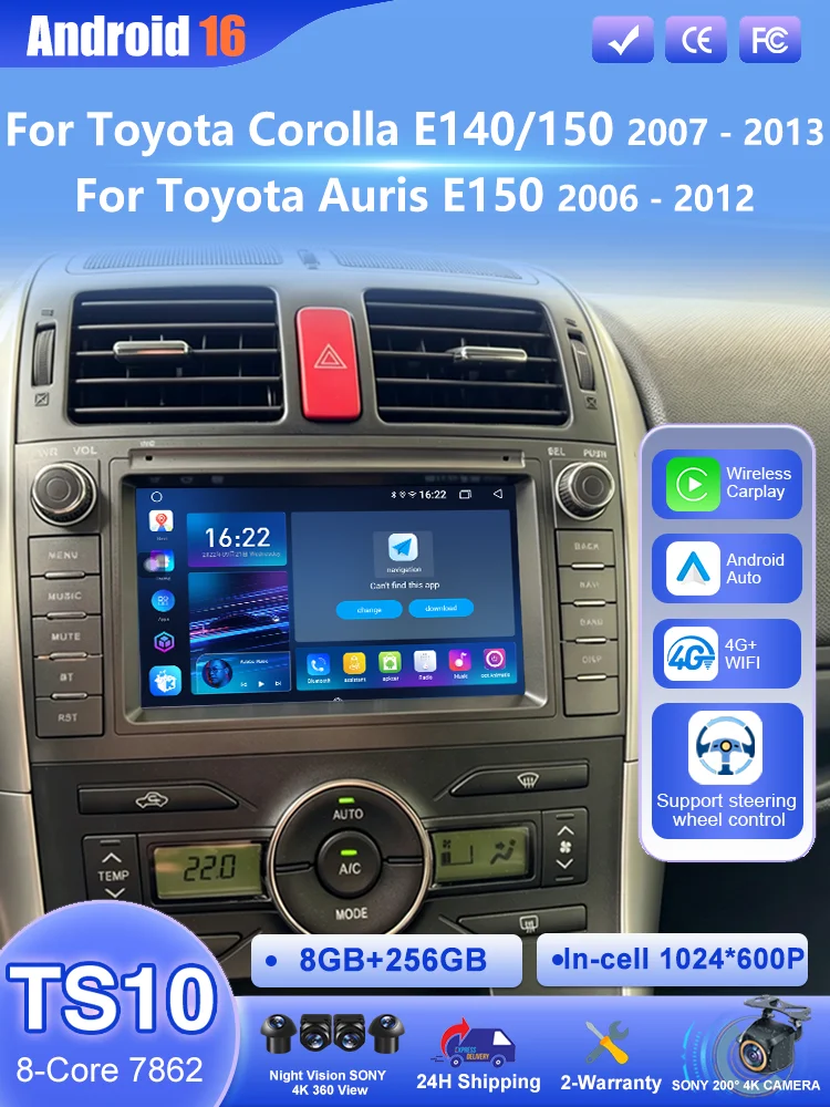 Android 16 do Toyoty Corolla E140/E150 (2007-2013) i Toyoty Auris E150 (2006-2012) – samochodowy odtwarzacz multimedialny z funkcją Carplay, radio, system stereo, 4G. — 2