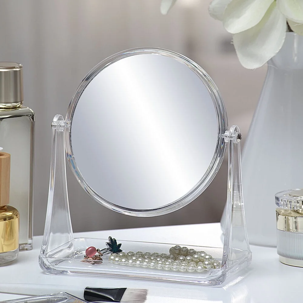 Double-Sided Vanity Mirror 3x Magnification Clear Glass Rotating Bathroom Mirror with Storage Base Ideal Makeup Grooming Tasks