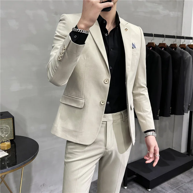 High End Men's Suit  Fashion Trend Business Formal（Jacket+Pants）Slim Fit  Solid Color 2-piece Set Blazer Trousers Groom Wedding