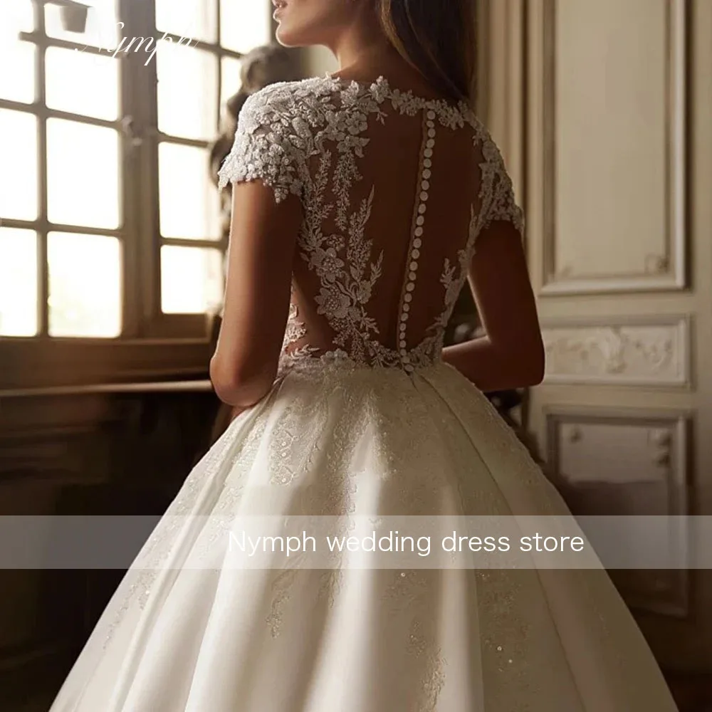 

Свадебное платье А-силуэта из кружева и атласа с пайетками, роскошное, с круглым вырезом, короткими рукавами, длиной в пол, на заказ, vestidos de noiva