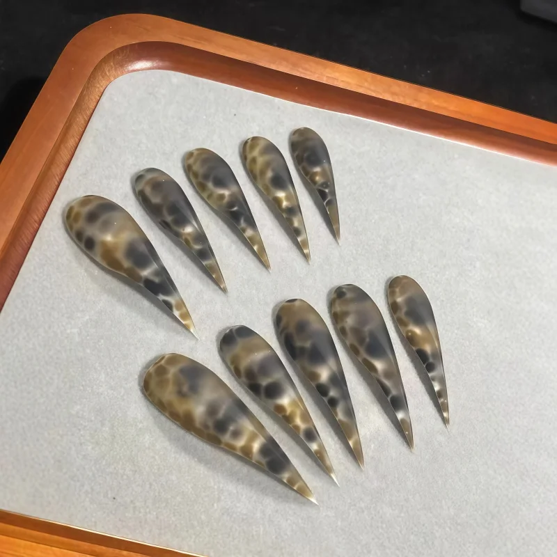 10PCS Smoky transparent long-pointed textured nail art, brown leopard print nail art, specially designed for women