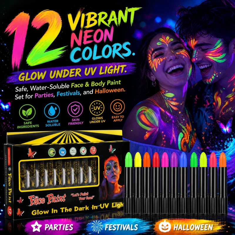 Glow Acrylic Crayon Children's Body Painting Glow-in-the-Dark Halloween Graffiti Water-Soluble Face Painting for Holiday Makeup