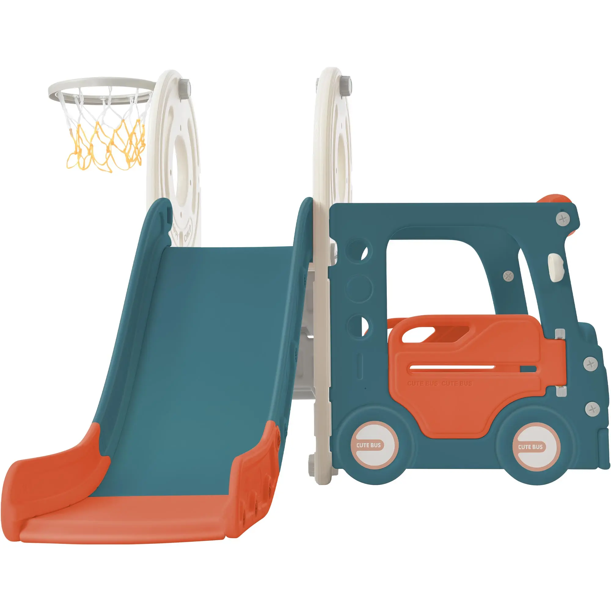 Tobogán con estructura de juego de autobús para niños pequeños, juguete de autobús independiente con tobogán, juego de tobogán de autobús con aro de baloncesto