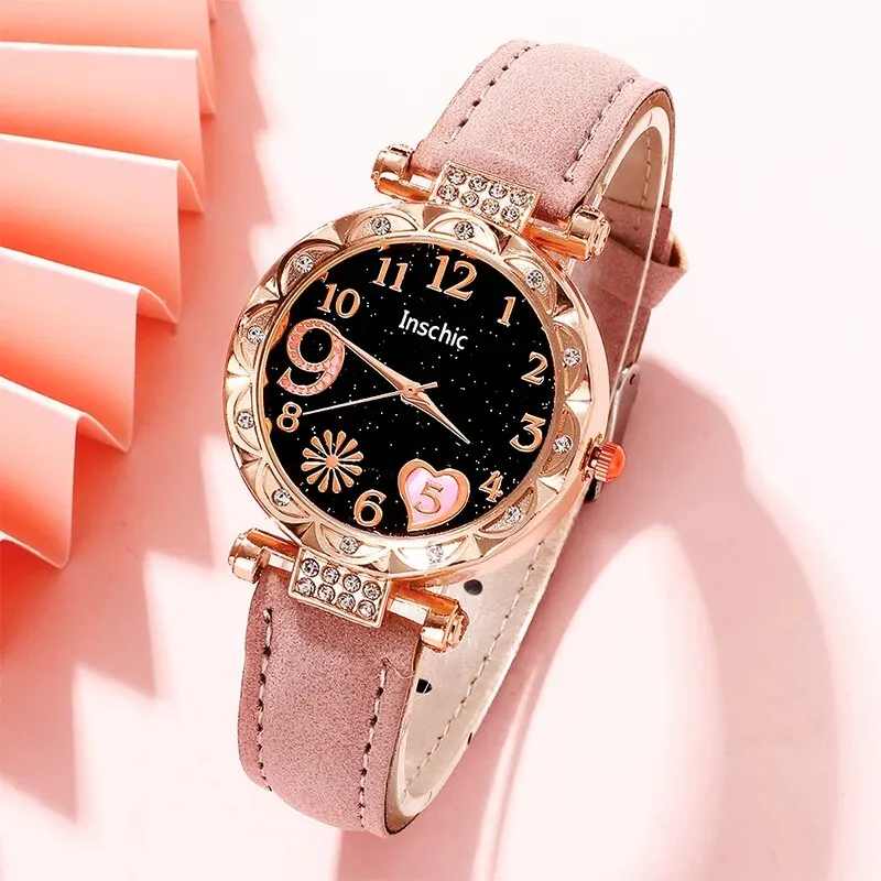 Reloj de cuarzo a la moda para Mujer, pulsera analógica de lujo con banda de cuero rosa, Conjunto de Reloj para Mujer