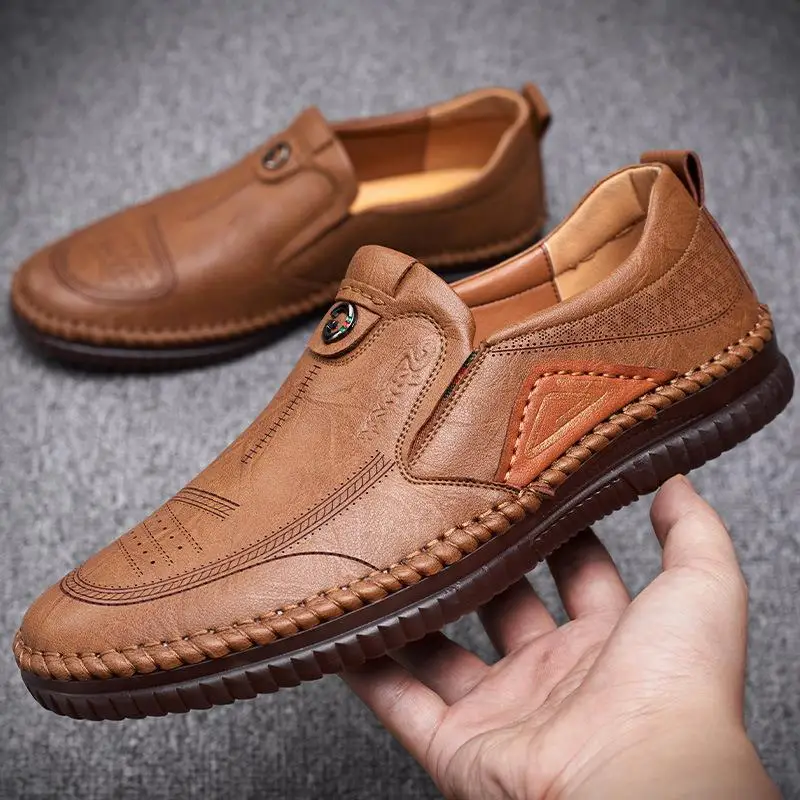 Men's casual breathable leather shoes men's non-slip men's beef tendon sole wear-resistant soft sole lazy stitching middle-aged