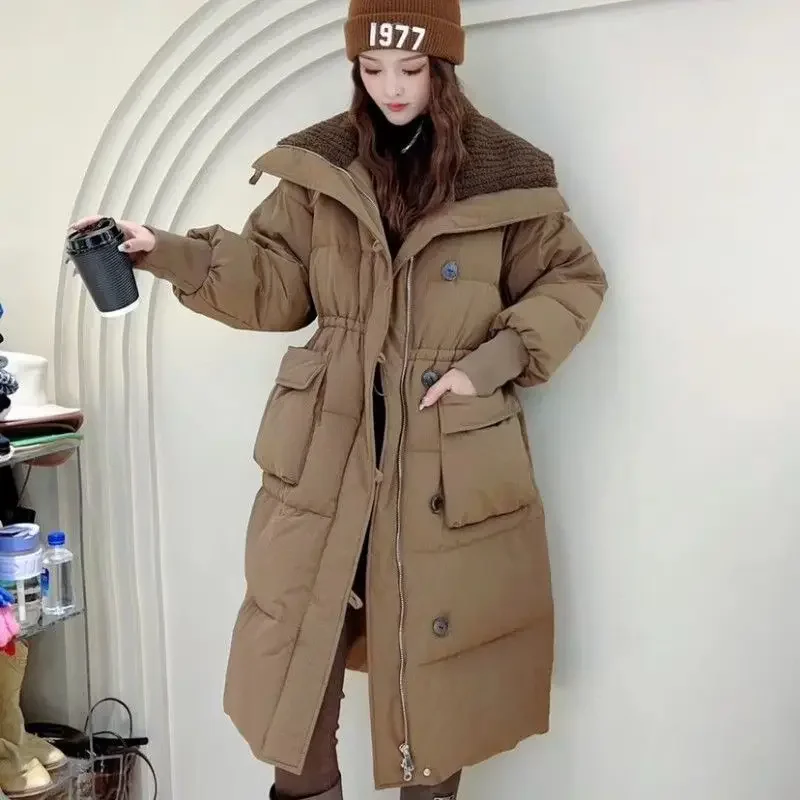 Doudoune mi-longue en duvet de canard blanc pour femme, manteau d'optique, vêtements de neige, parkas d'hiver, cheveux d'agneau, nouveau, 2025