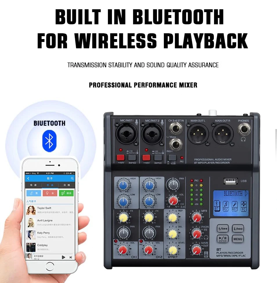 Hot Selling 4 Channel Audio Mixer Board Console Live Recording Sound Card USB Drive XLR Microphone Jack 48V Power for