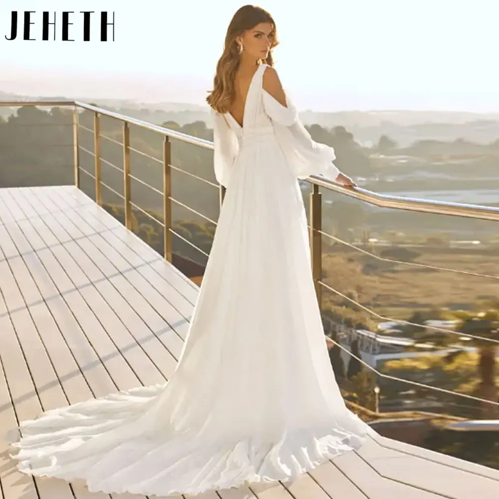 JEHETH Eenvoudige V-hals lange jurk met pofmouwen en trouwjurk 2024 Elegante chiffon A-lijn bruidsjurk met rugloze kant split Vestido De NoviaJEHETH Eenvoudige V-hals lange jurk met pofmouwen en trouwjurk 2024 Elegante