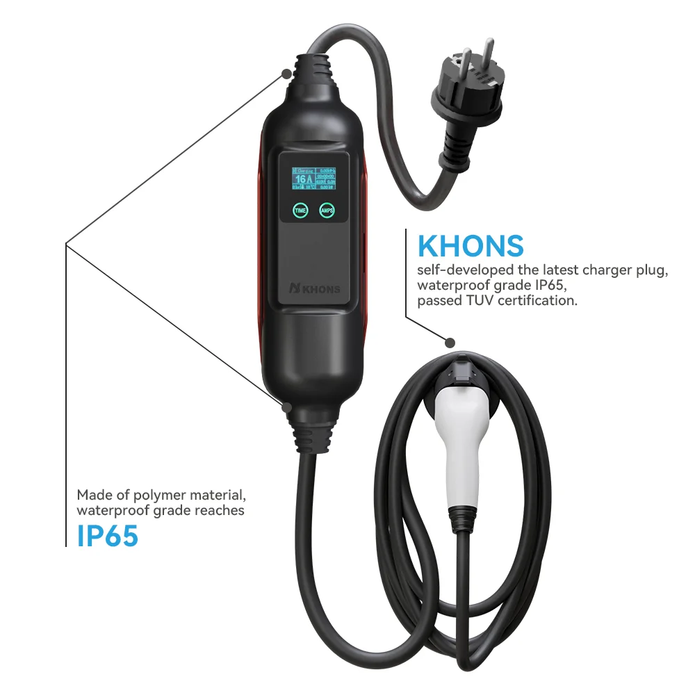 Khons EV Portable Charger Type2 3.5KW 16A WIFI-APP EV Charger With Schuko Plug Suitable For Electric Vehicles 5m TPU Cable