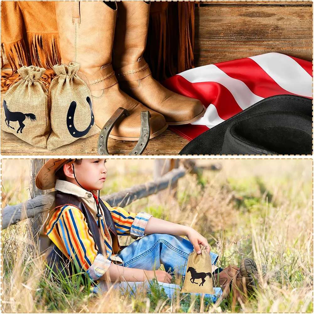5 Stück Western-Pferd-Geschenktüten, Cowboy-Party-Dekoration, Kordelzug, Pferdekopf und Hufeisenmuster für Cowboy-Geburtstagsparty-Geschenk – Detail 6