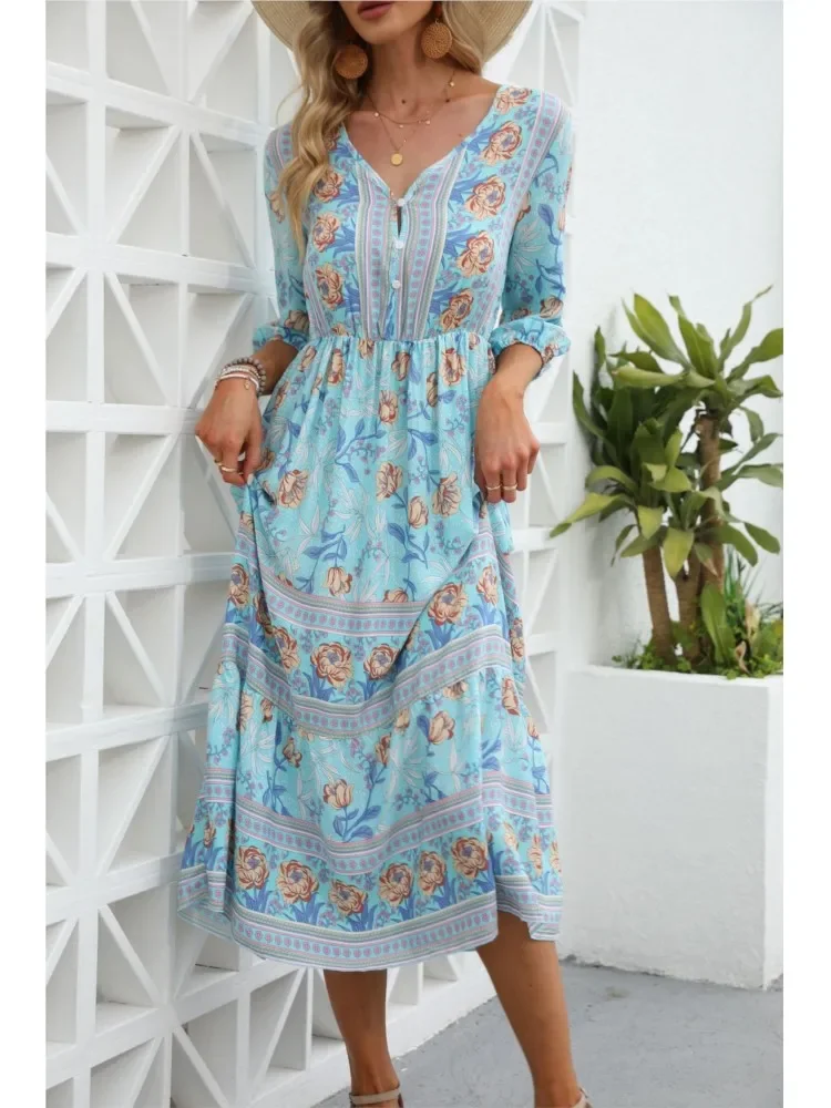 Spring summer Floral Print Bohemian Dress Women V-Neck High Waist Street Causal Beach Dresses  Elegant Women's Dress Robe