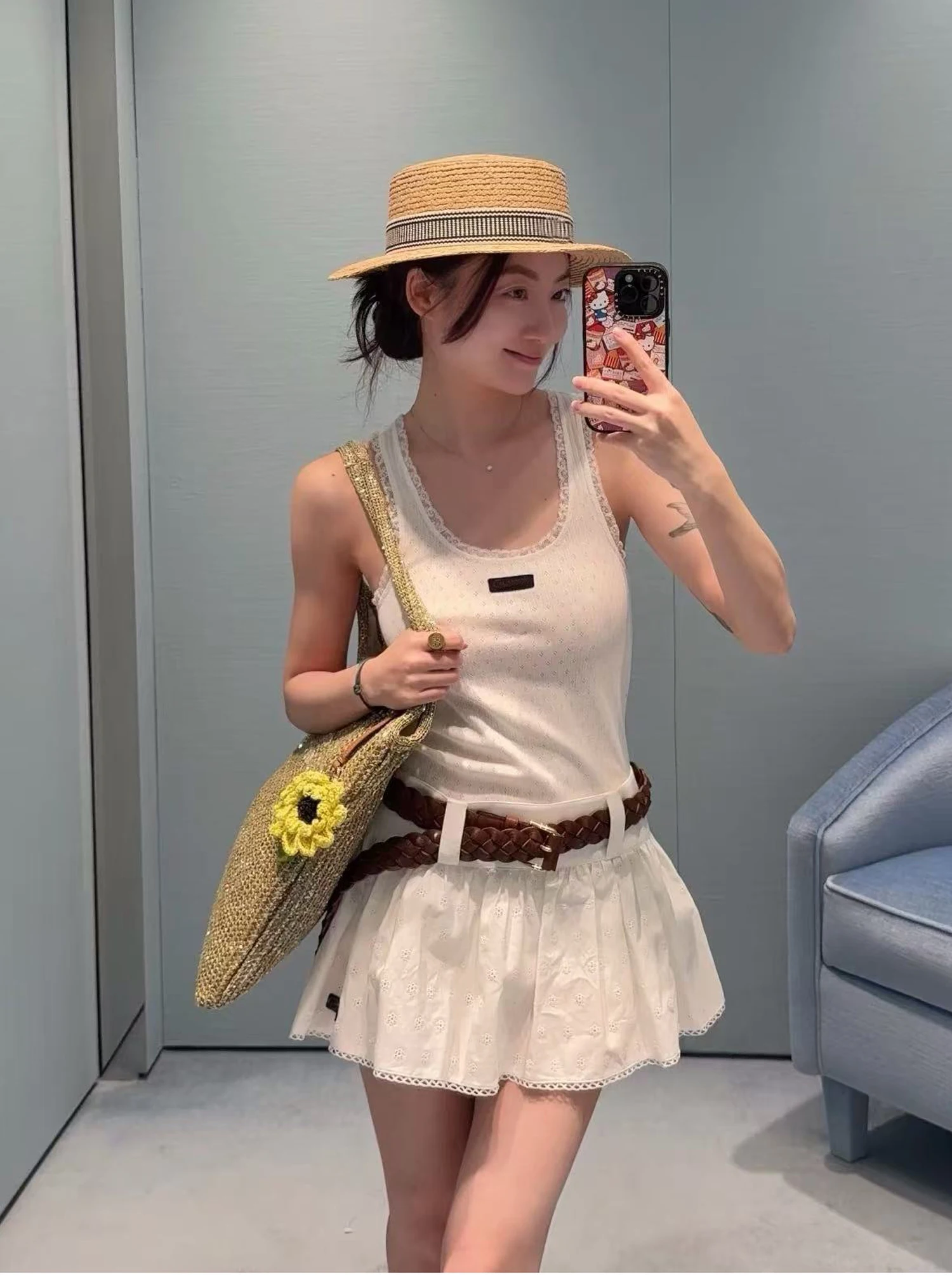 White Lace Trim Knitted Vest Strap Summer New Arrival Women's Fashion Slim Fit Cotton round Neck Short H-Shape Elastic Clothing