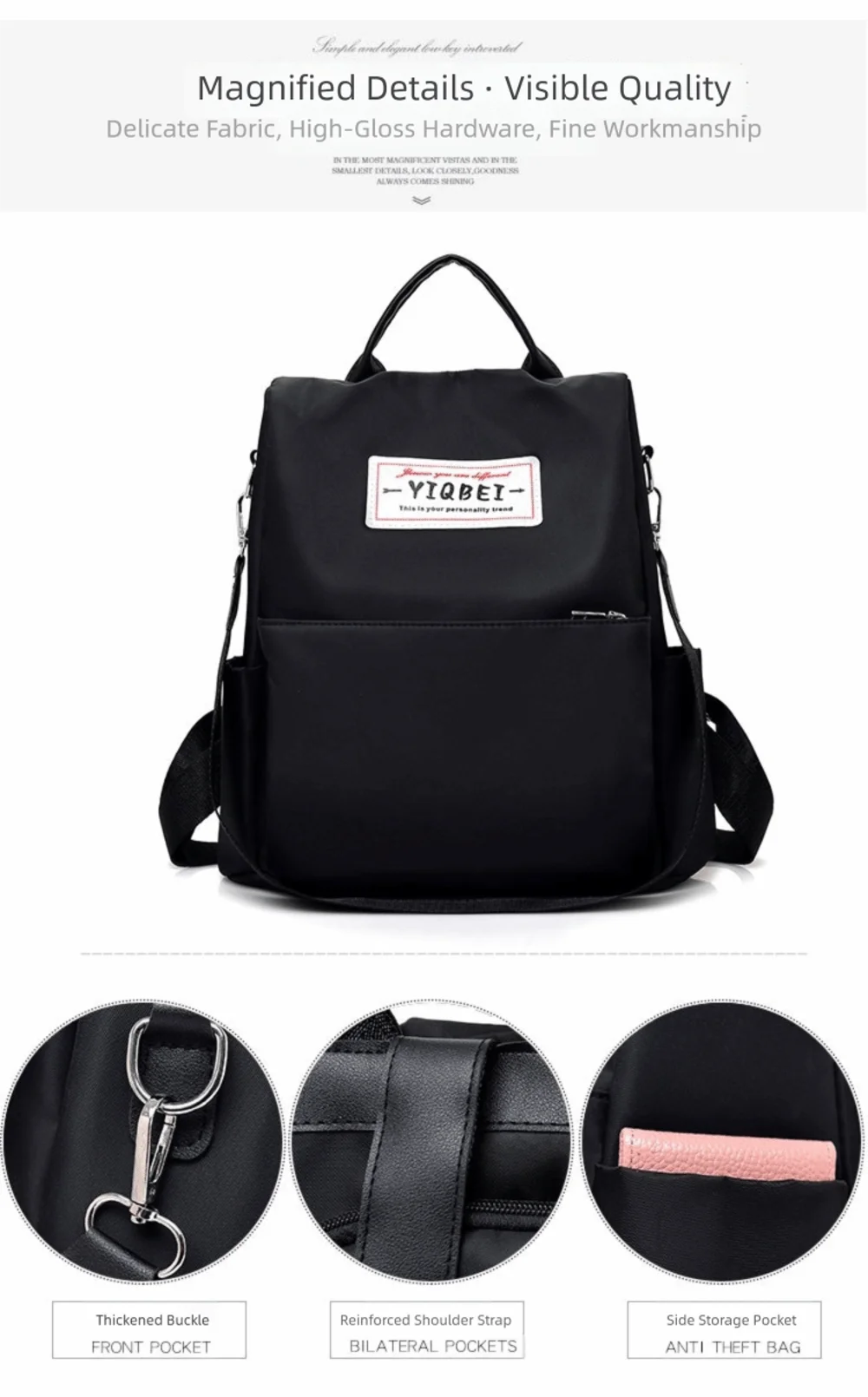 Wasserdichter Oxford-Rucksack mit hoher Kapazität, Diebstahlsicherer, leichter Reise-Tagesrucksack, einfarbig, vielseitige Umhängetasche für Damen – Detail 12