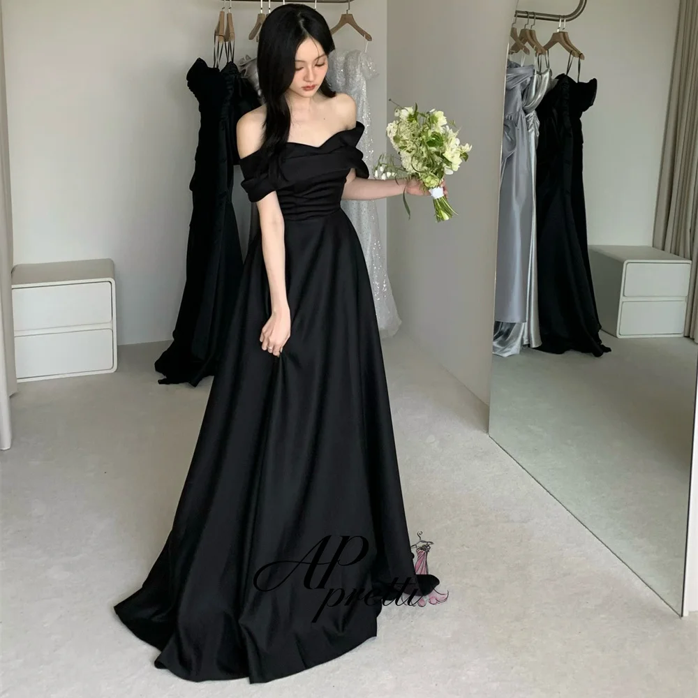 AP pretti Elegant Off the Shoulder A-line Korea Evening Gown Dress Floor-Length Satin Outdoor Snapshot Customized Party Dress ﻿