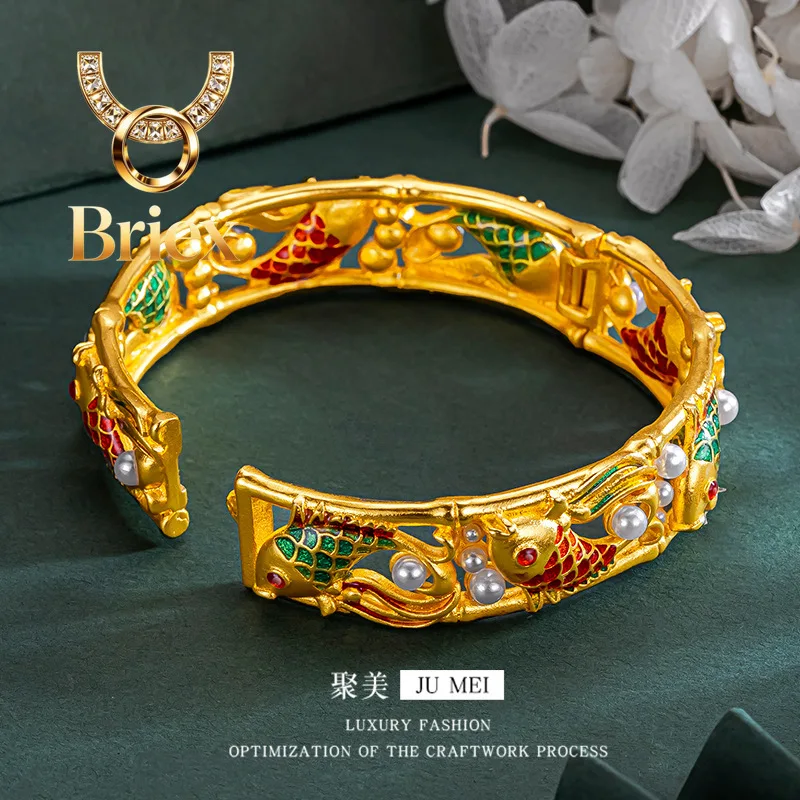 Briex Jewelry Luxury 24K 9999 Pure Gold real gold Burned Blue Buckle Pearl Koi Women's Open Bracelet Bracelet