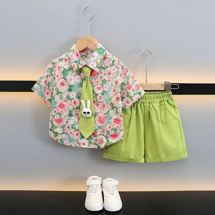 2015 الصبي الملابس مجموعة تي شيرت + السراويل الاطفال الصبي الصيف الأزهار الملابس مجموعة لطيف الكرتون بيبي بوي الزي مجموعة طفل تي شيرت السراويل