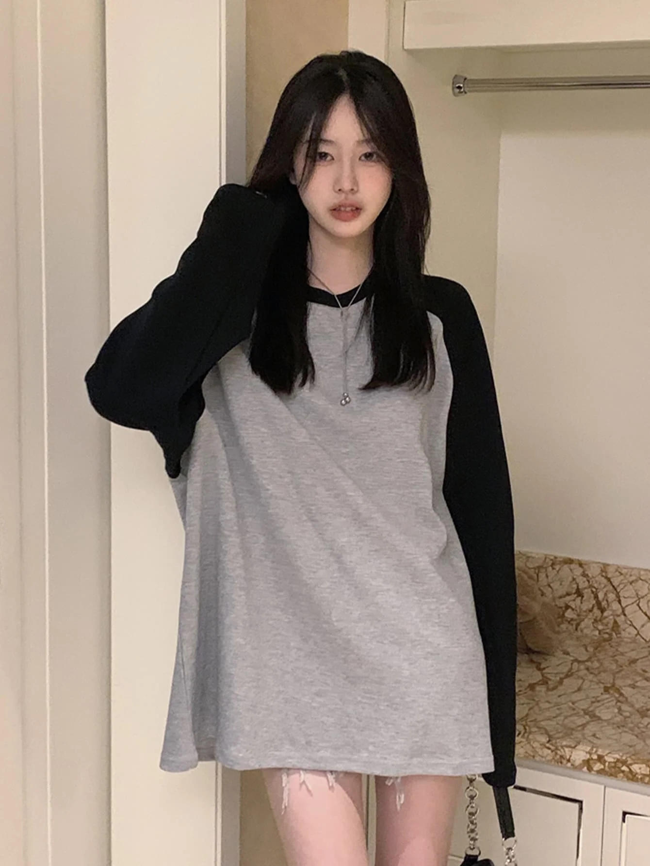 Korean Chic Early Autum Design Contrasting Raglan Sleeves Round Neck Pullover T-Shirt Lazy Casual Versatile Top for Women