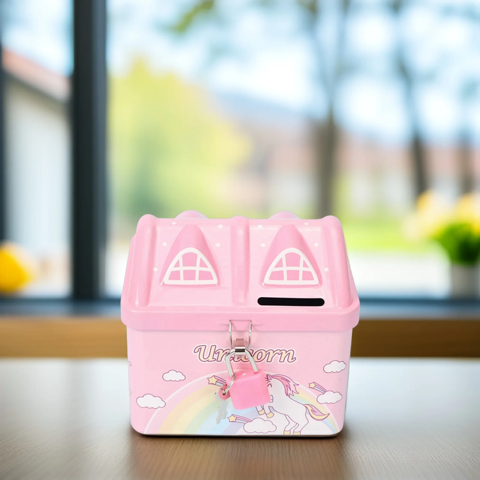 집 모양 만화 금속 저금통 자물쇠 어린이 소녀 돈 저금통 동전 항아리 방 장식 소녀용 저금통