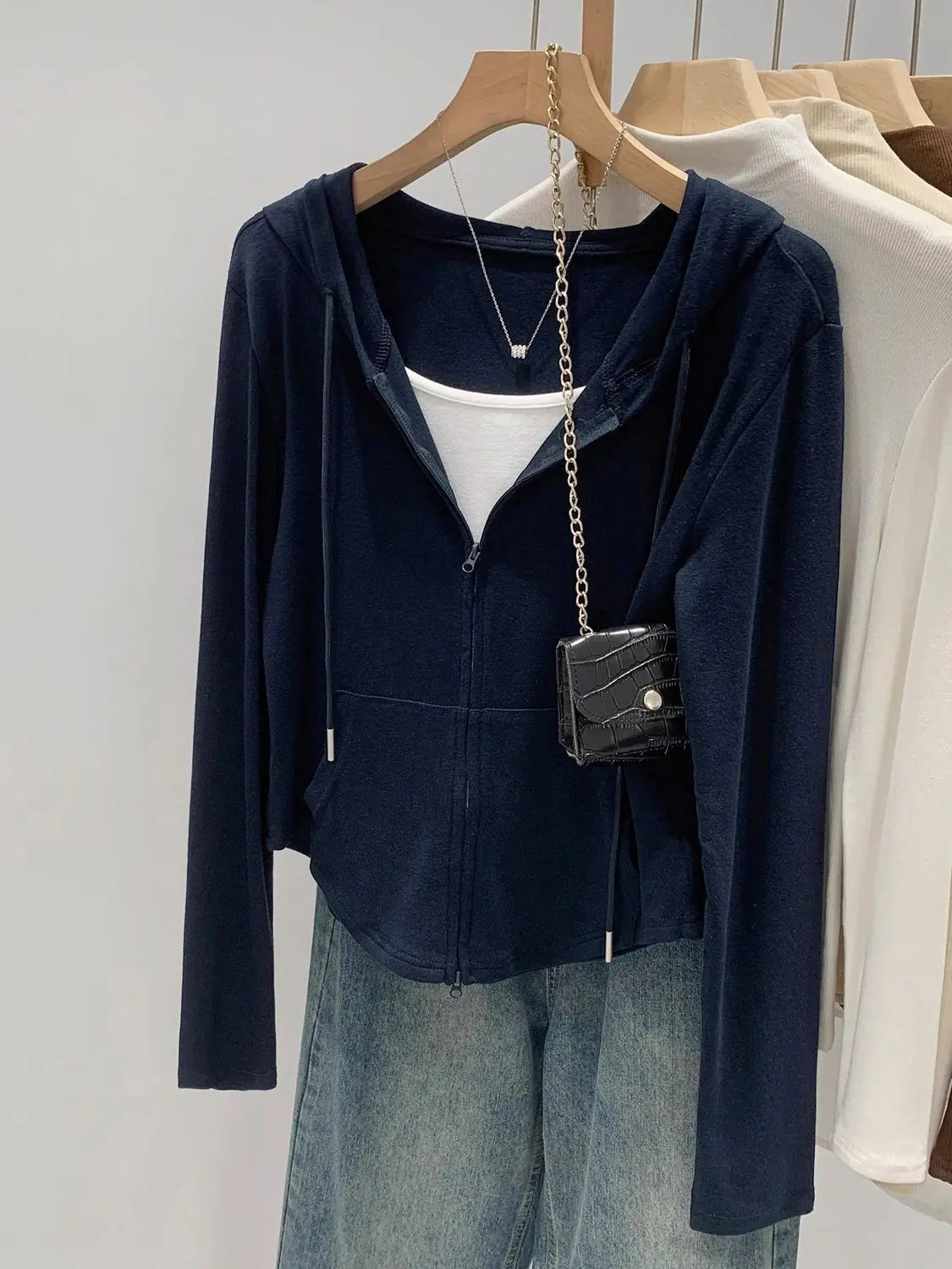Gray Hooded Zipper Lazy Style Women's Sweatshirt Jacket Slimming Fashionable Versatile Short Outerwear Commute Style Long Sleeve