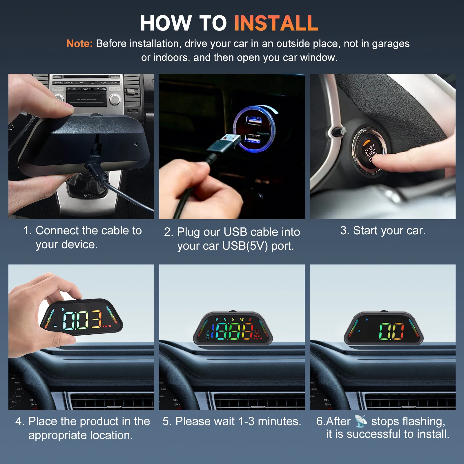 Universelle Anzeigemodi & Vielfältige Farben Echtzeit-MPH-KM/H-Umwandlung Verbesserter GPS-Auto-HUD-Tachometer für Alle Fahrzeuge 360°-Halterung – Detail 7