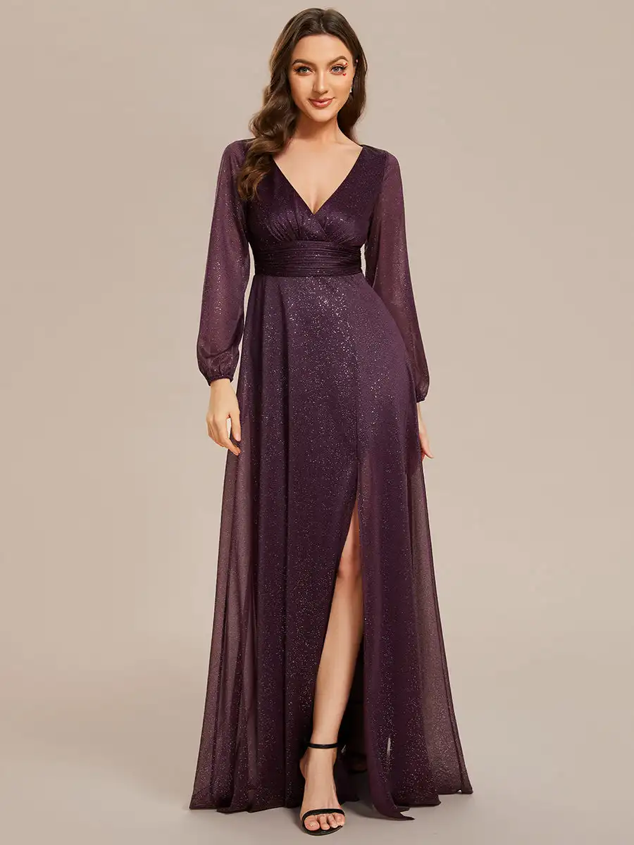 Gorgeous Evening Dresses Deep V-Neck Sequin Long Sleeves Ever Pretty of 2024 Shiny Dark Purple Bridesmaid dresses