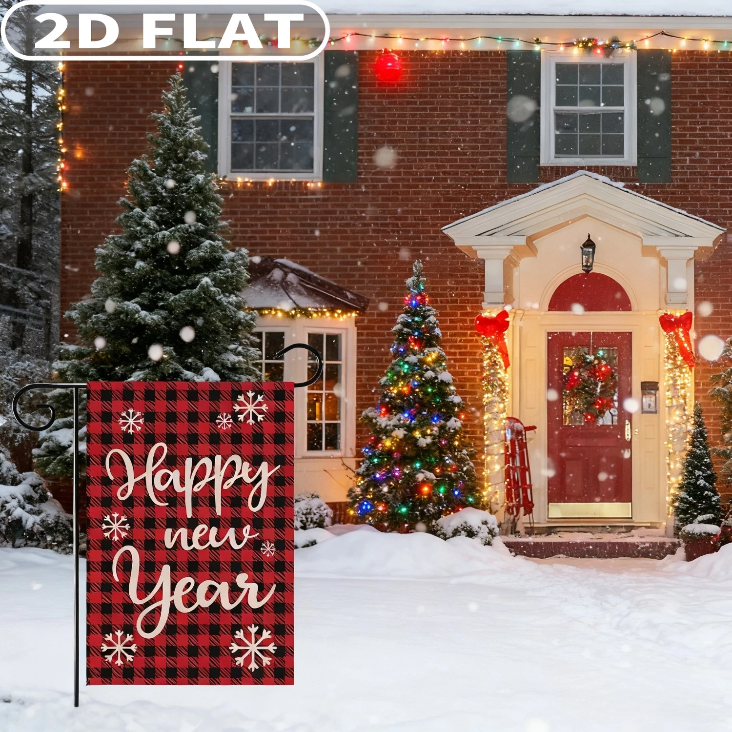 

1pc Happy New Year Party Banner Garden Flag, Double Sided 12x18 Inch, Red Plaid New Year Christmas Winter Garden Yard Flag Lawn