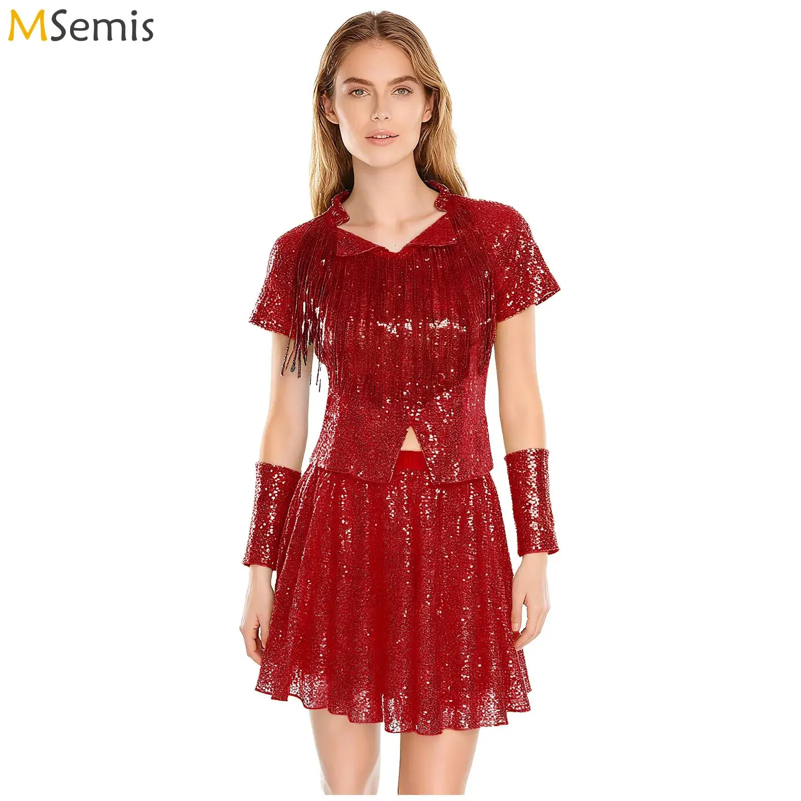 

Женский костюм болельщика с блестящими пайетками, костюм черлидинга в стиле хип-хоп, дискотека, джаз, танцевальный наряд, футболка с кисточками, топ, перчатки, плиссированная мини-юбка