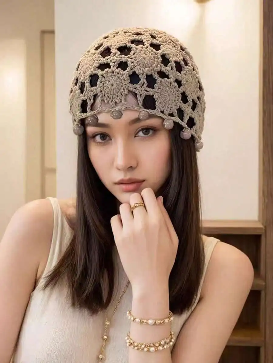 

Womens Handmade Crochet Hollow Beanie Hat With Beads Bohemian Style