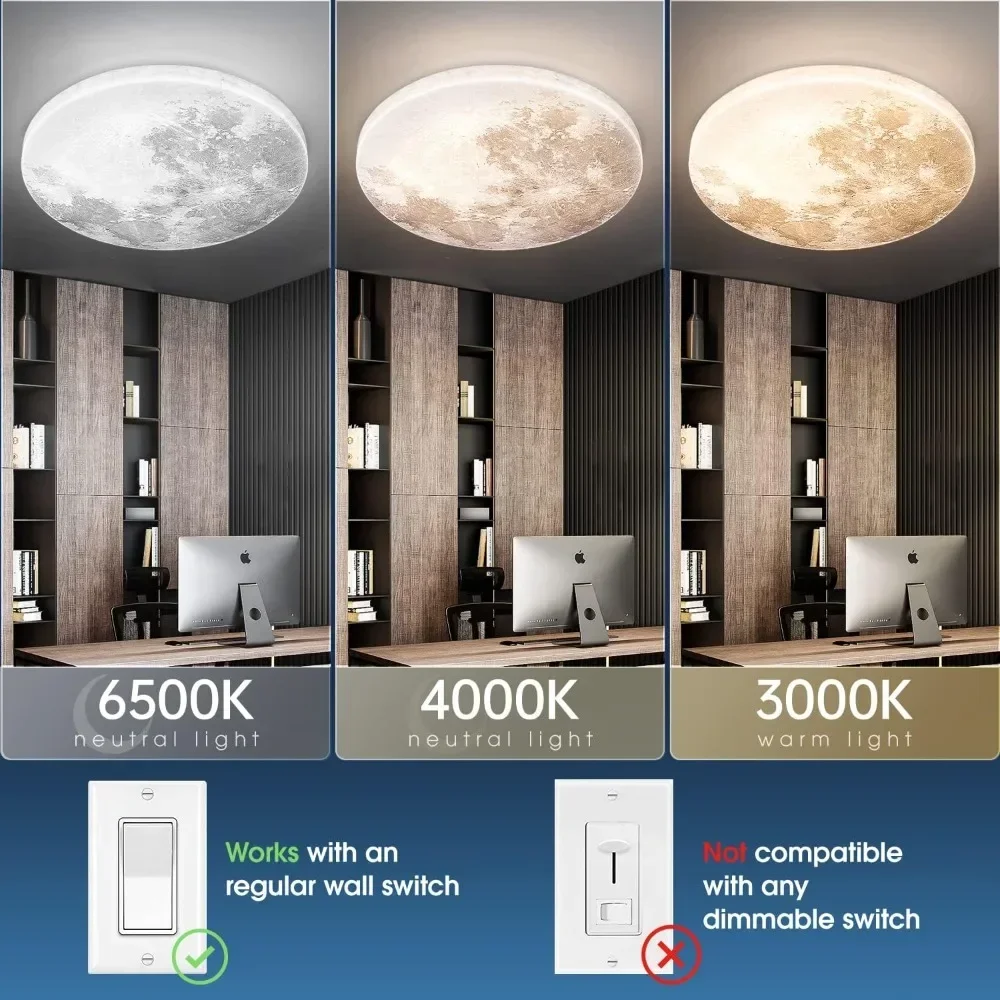 Imagem -02 - Moon Estilo Dimmable Flush Mount Luminária de Teto 3000k 4000k 6500k Cor Mutável por Interruptor de Parede