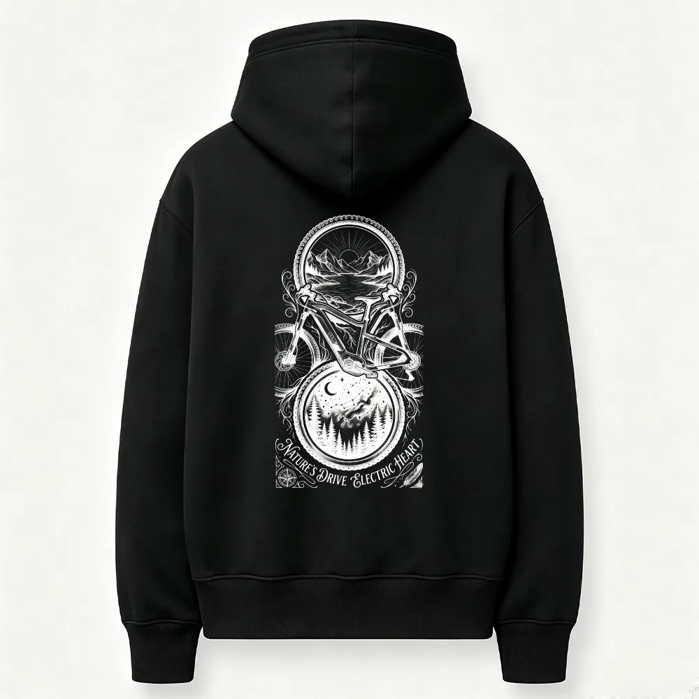 MTB Bicycle Mountain Forest Moon Ornate Line Art Graphic Hoodie Nature's Own Electric Heart Quote Print Sweatshirt Casual Tops