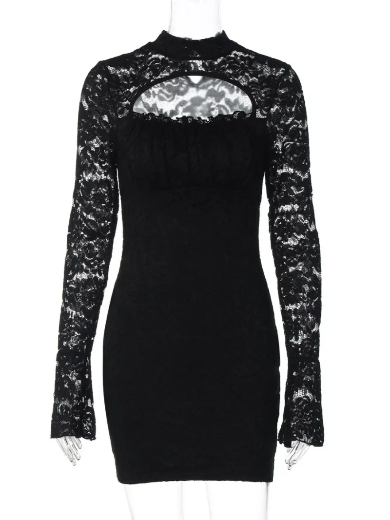 Ropa de mujer ahuecada ceñido al cuerpo vestido corto de encaje señora Sexy manga acampanada transparente sólido negro vestidos de fiesta para discoteca ropa de calle