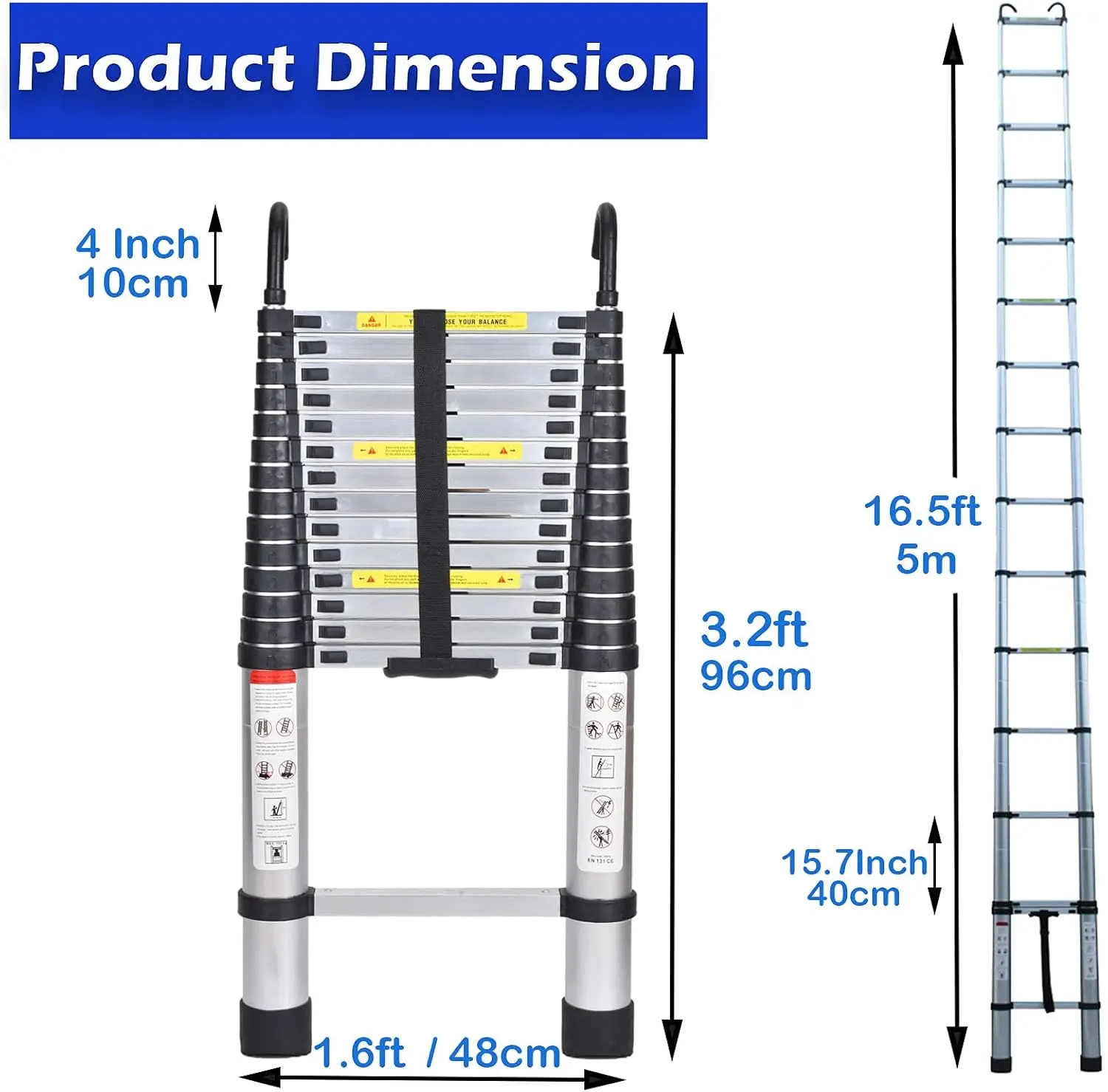 16.5ft Telescoping Ladder 2 Detachable Hooks DIY Aluminum Extension Ladders Home Indoor Outdoor Portable Heavy Duty 330lbs Load