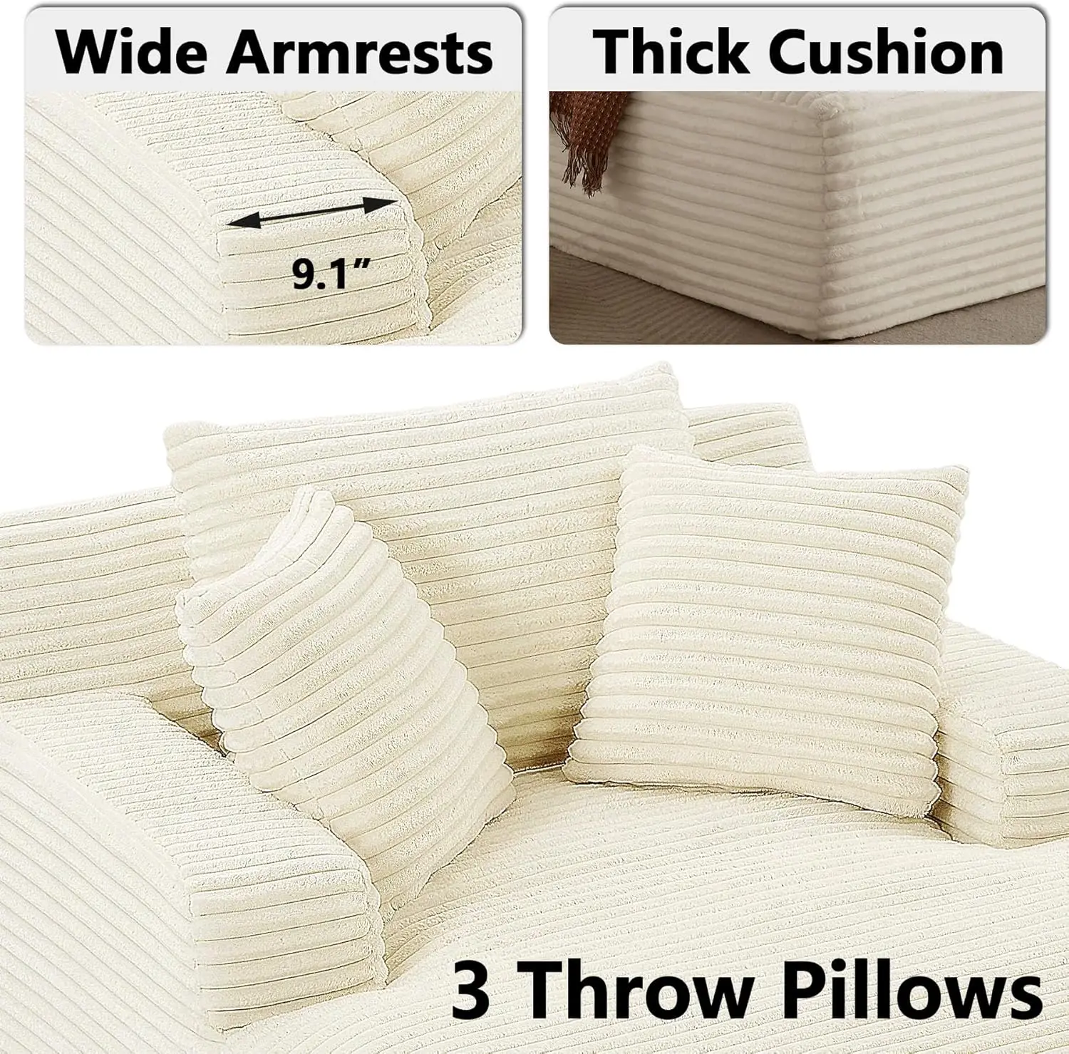 거실 침실용 대형 긴 의자, 편안한 베개 3개 포함, 넓은 팔걸이 코듀로이 원단 고밀도