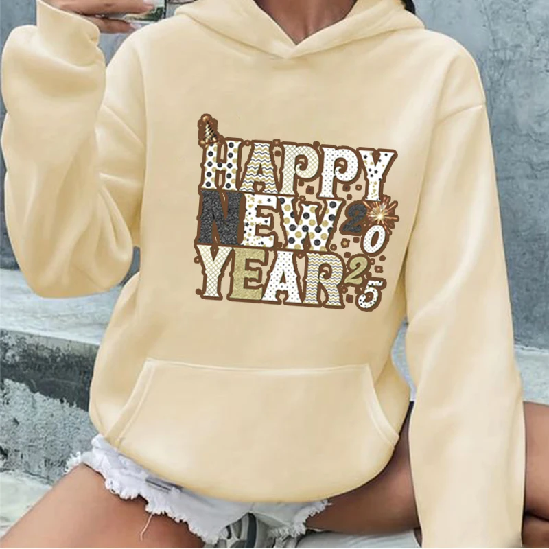 Happy New Year 2025 Sweatshirts Interesting Alphabet Print Hoodie Y2k Streetwear  For Men Women New Year Gifts For Family