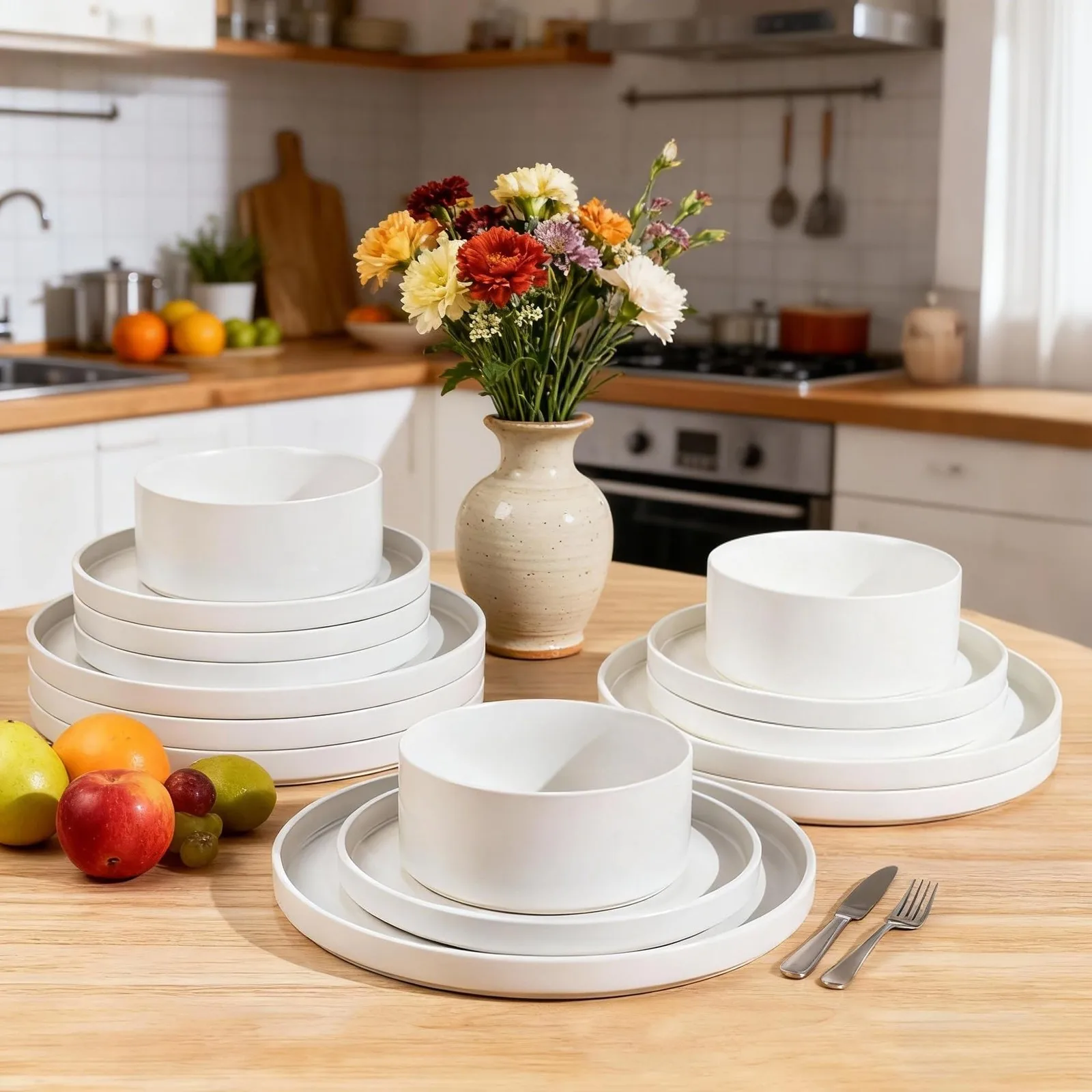 مجموعة أدوات مائدة سيراميك طقم أواني طعام سيراميك بلمسة نهائية غير لامعة لـ 6 أشخاص مع أطباق وأوعية أطباق حجرية متينة مقاومة للرقاقة مثالية