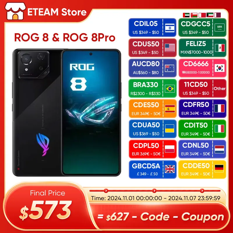 

2024 New ASUS ROG 8 & 8 pro 5G Gaming Phone Snapdragon 8 Gen 3 6.78'' 165Hz AMOLED Screen 5500mAh 65W Fast Charge Global Rom