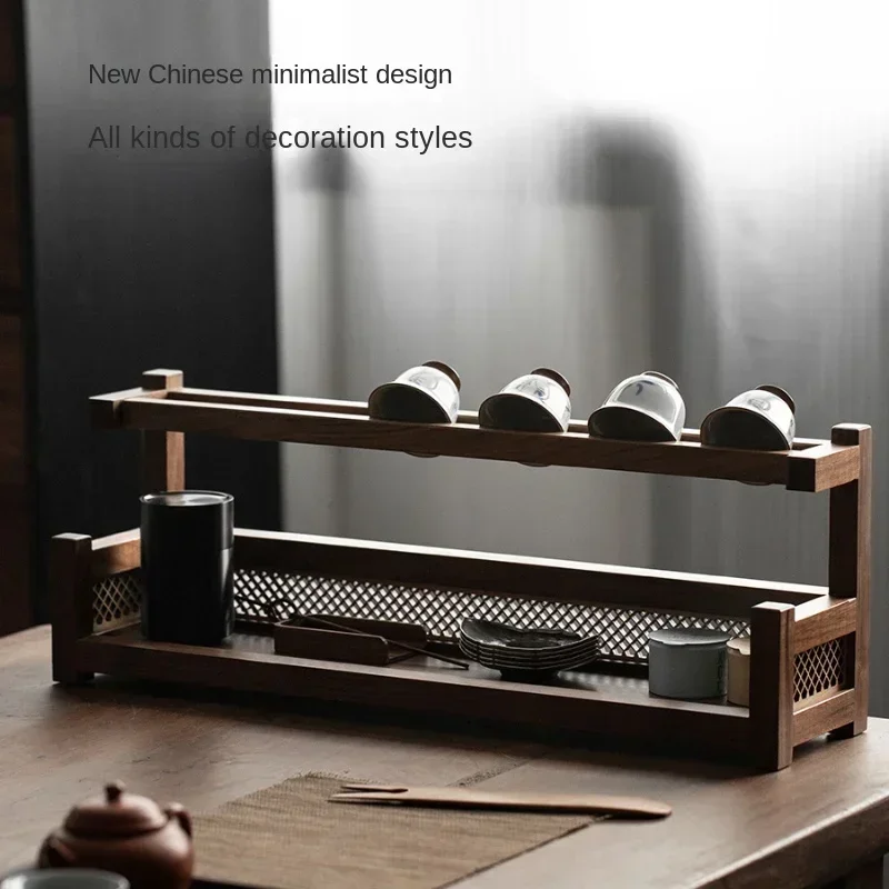 Black Walnut Tea Cup Rack – Chinese Style Kitchen Storage, Desktop Organizer for Tea Set and Teapot, Elegant Tea Cup Display.