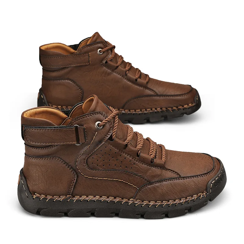 Cross-Border Bestseller Large Size Men’s Leather Ankle Boots, Fashion Hand Stitched Flat Lace-Up Daily Casual Walking Shoes