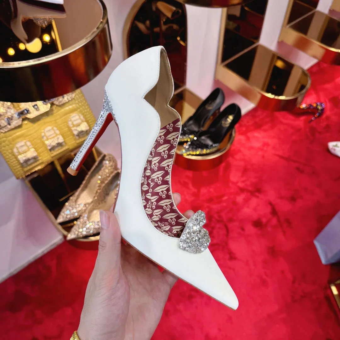 Red Bottom Shoes Water Diamond Shallow Mouth Pointed White High Heels, Women\'s Style Elegant Slim Heels Fashion Wedding Pumps