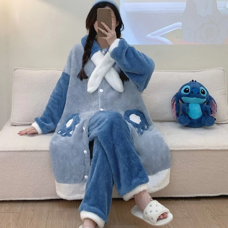 Disney Stitch Cute Cartoon Soft Fluffy Home Wear Female Autumn Winter New Dormitory Pajamas Y2k Sweet Girl Casual Nightrobe Set