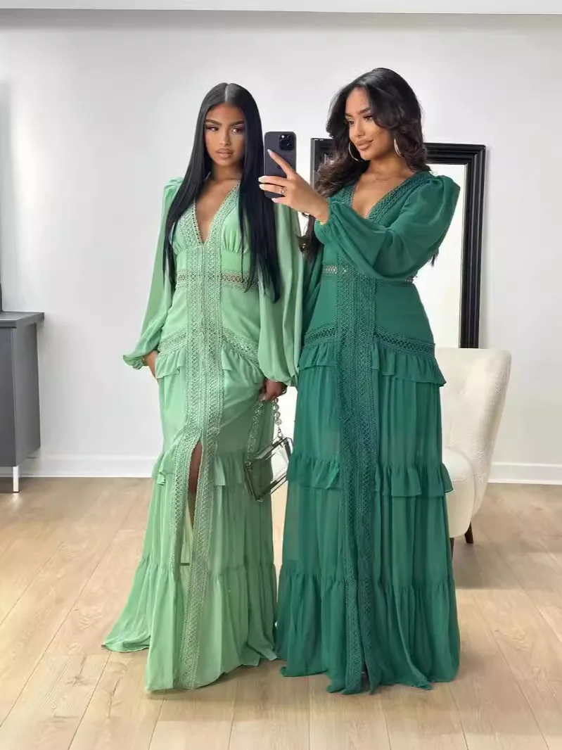 

Elegant Women's Hollow Out Maxi Dress Sexy Deep V-Neck Split Party Evening Dress Lady Robe Holiday Summer Vacation Long Dress