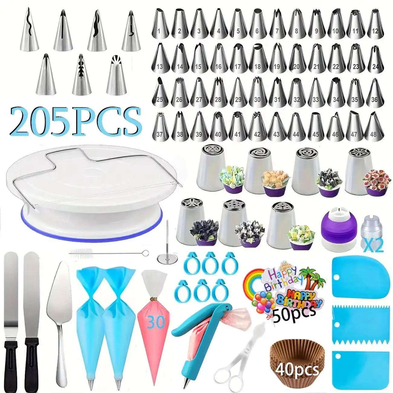 Cake decoration set with 205-piece rotating decorating turntable, home baking decoration tool set, baking supplies