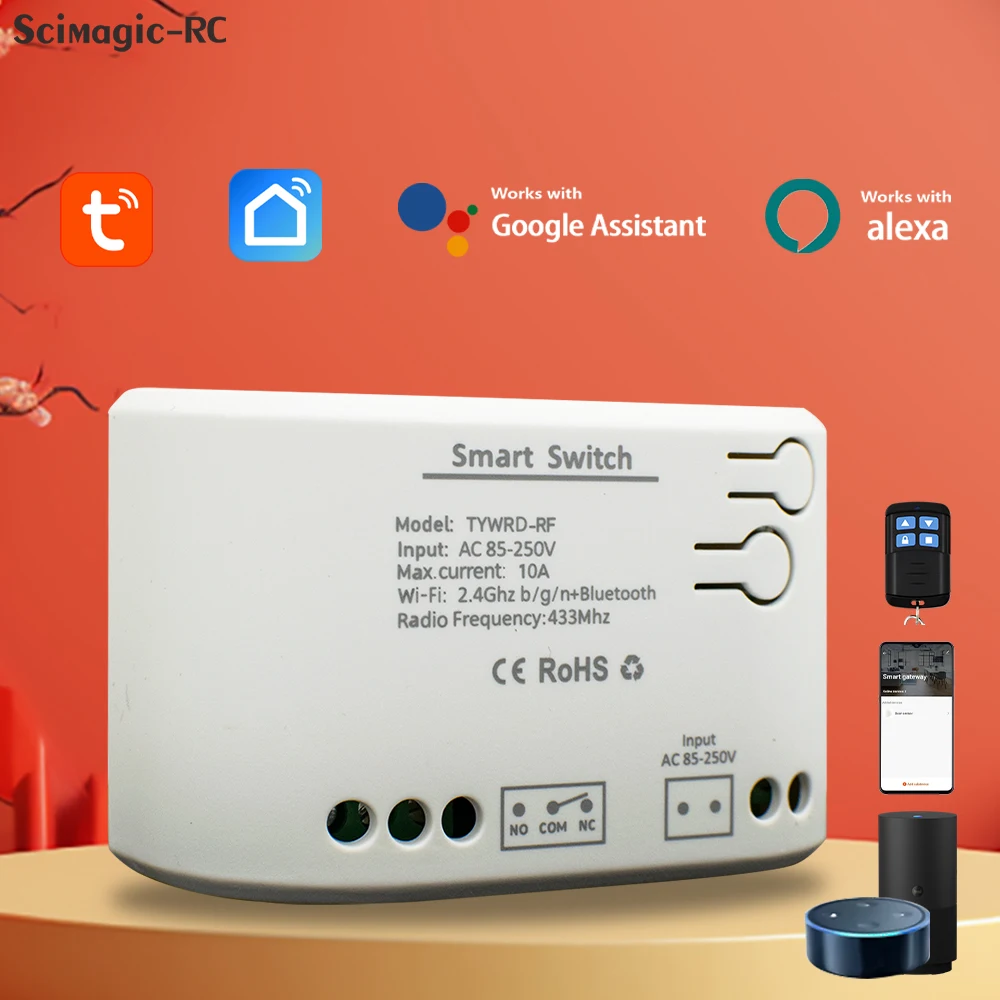 مفتاح ذكي Tuya Smart Life App 1CH RF433 AC DC 12V 24V 220V Wifi Switch جهاز استقبال العمل مع التحكم الصوتي Alexa Google Home