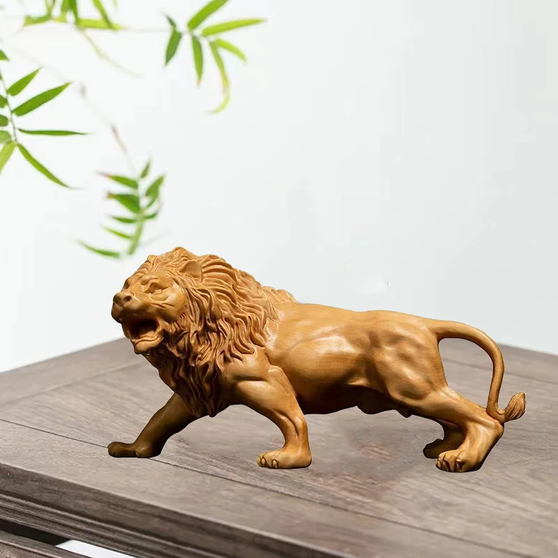 

Natural Cypress Wood Lion Statue, Solid Wood Hand-Carved Animal Sculpture Home Room Office Decoration Artwork The Perfect Gift