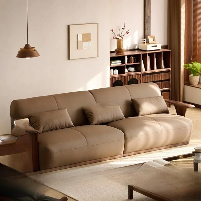 LMM1 black walnut solid wood leather sofa medium and ancient style home light luxury living room floor sofa